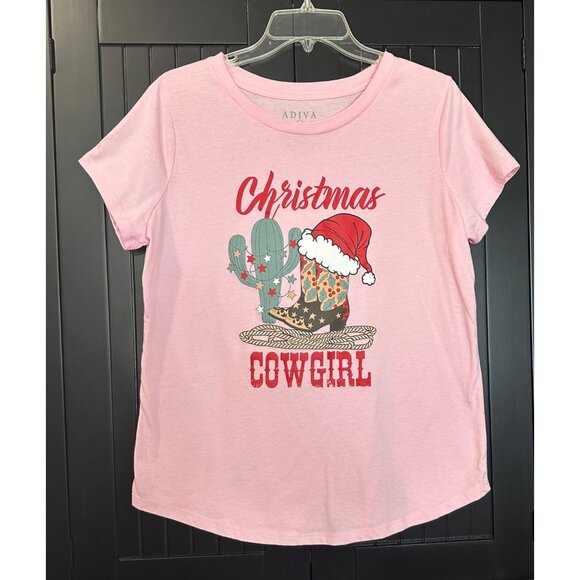 Adiva Tops - Christmas Cowgirl T-Shirt XL Pink Graphic Western Holiday Cactus Santa Tee